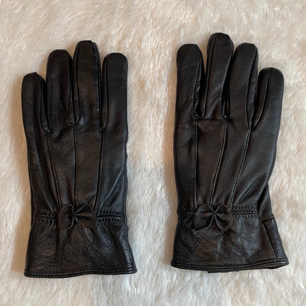 Jacob Ash Schuessler Womens Black Leather Gloves Thinsulate Bow Accent Size M